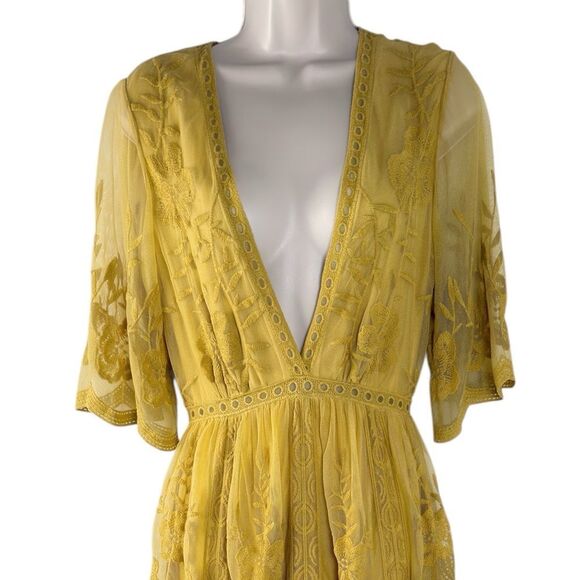 Wishlist Boutique Mustard Yellow Boho Plunge Neck Lace Overlay Romper Maxi Dress - Picture 3 of 6